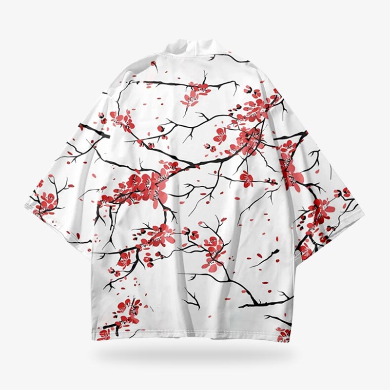 Weiße Kimono Jacke aus Polyester mit rotem Sakura Blütendruck