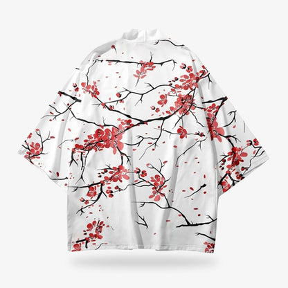 Weiße Kimono Jacke aus Polyester mit rotem Sakura Blütendruck