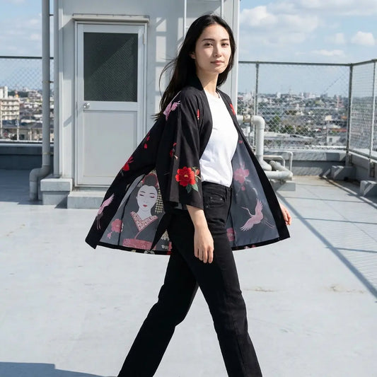 Schwarze Kimono Jacke für Damen mit Portrait-Print auf einer Dachterrasse