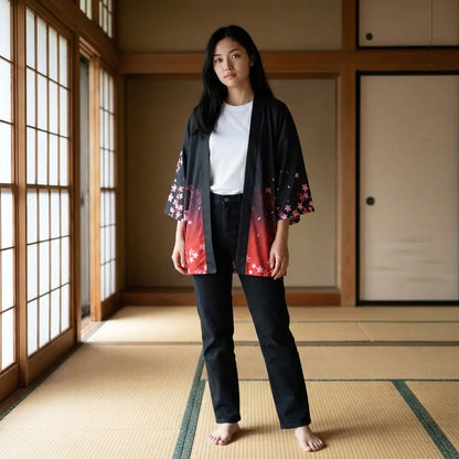 Kimono Jacke Damen in Schwarz und Rosa mit Kirschblütenmuster auf Tatami