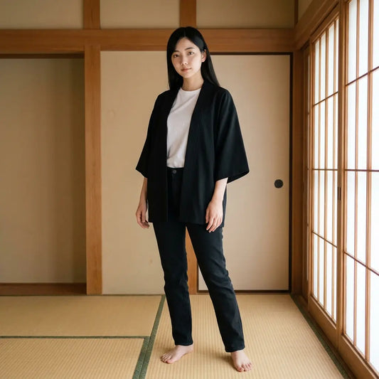 Schwarze Kimono-Jacke Damen offen getragen über weißem T-Shirt in einem Tatami-Zimmer mit Shoji-Wänden