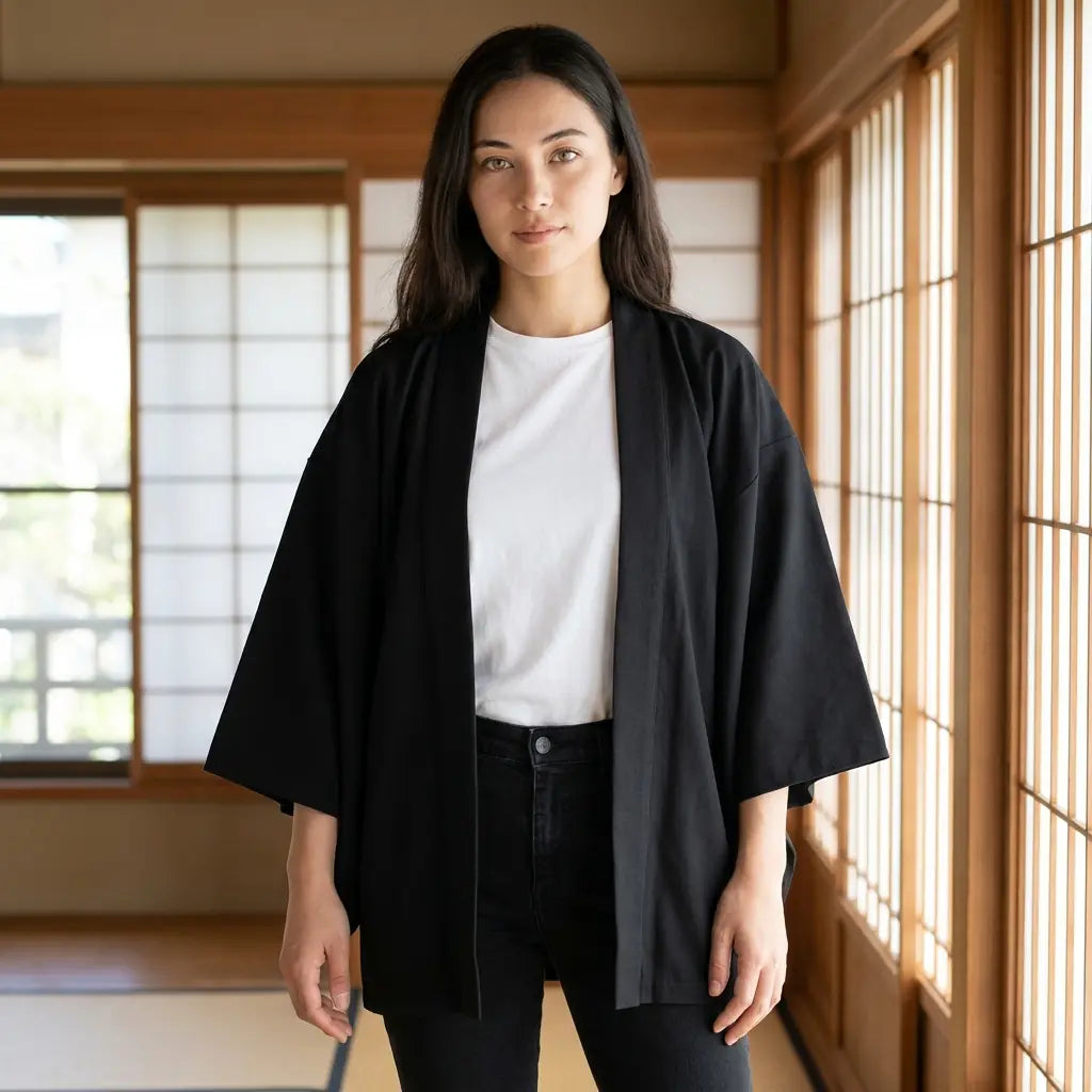 Vorderansicht der offen getragenen Kimono-Jacke Damen mit geradem Kragen und mittellangem Schnitt