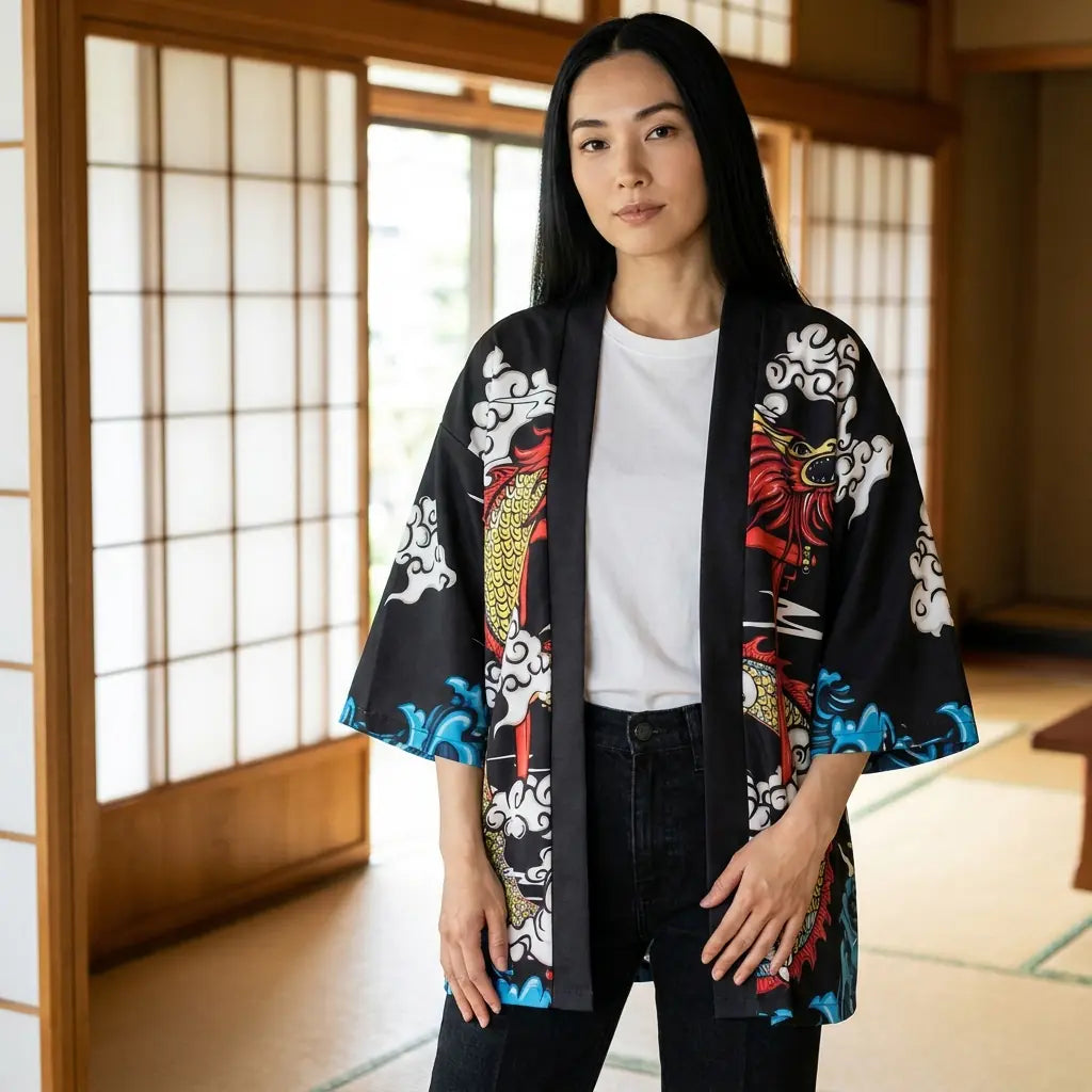 Nahaufnahme der Drachen Kimono Jacke, das Motiv windet sich über die vorderen Bahnen