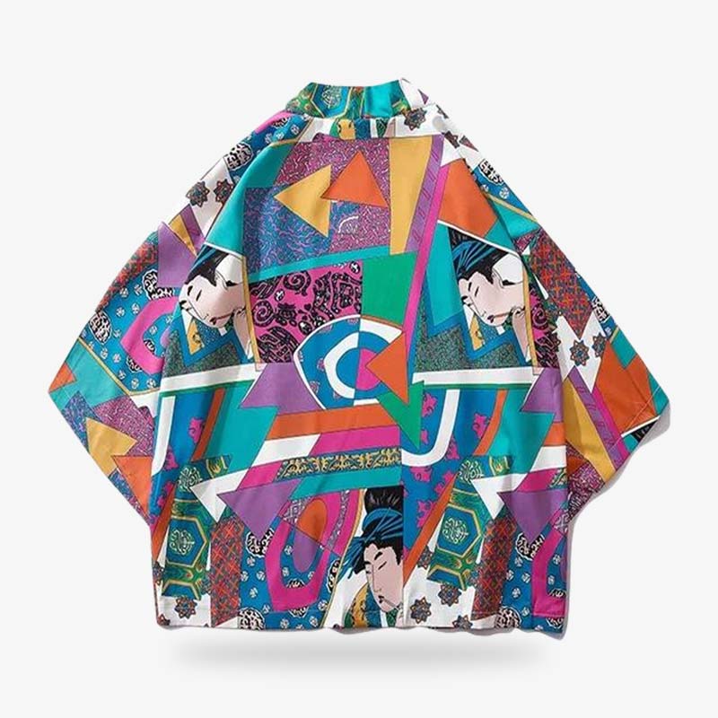 Kimono Jacke mit Ukiyo-e Geisha Motiv und geometrischen Symbolen