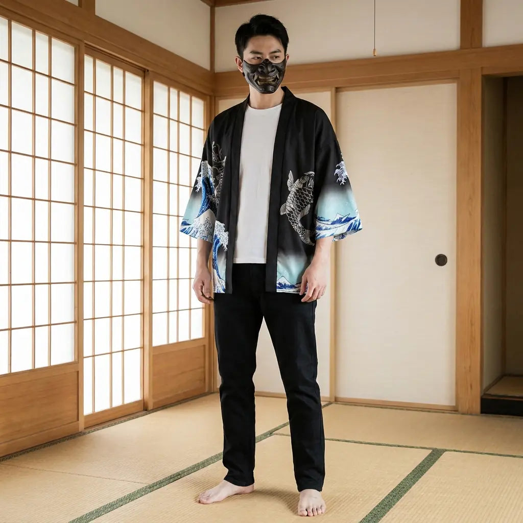 Mann trägt traditionelle Kimono Jacke in japanischem Washitsu Raum, Frontalansicht
