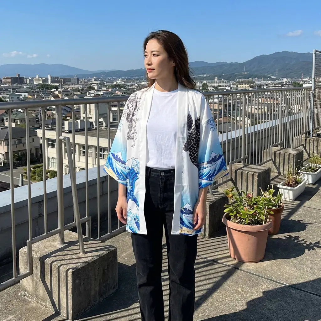 Kimono-Jacke mit Kanagawa-Welle auf einer Dachterrasse mit Topfpflanzen