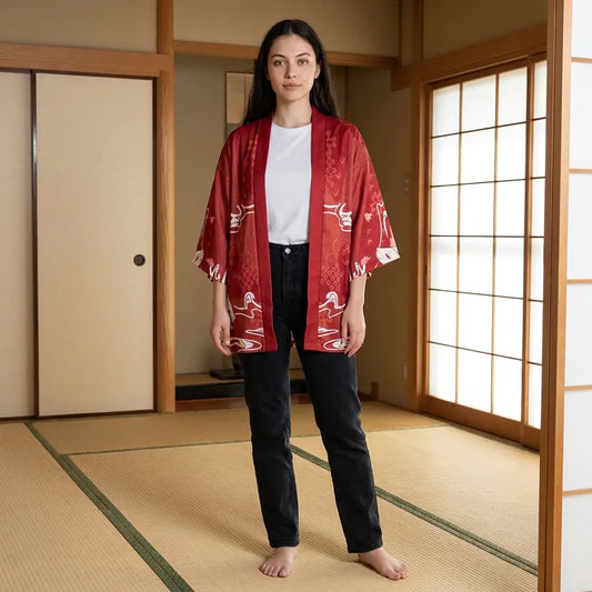 Rote Kimono Jacke Damen mit weißem Kranich Print, barfuß im Tatami Raum
