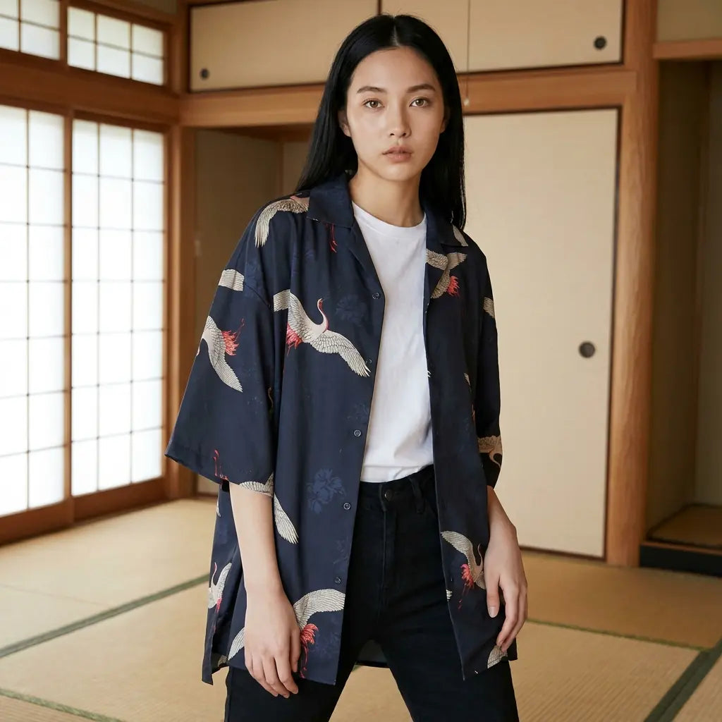 Kimono Jacke mit Knöpfen von vorne, Kraniche ziehen über die Brustpartie