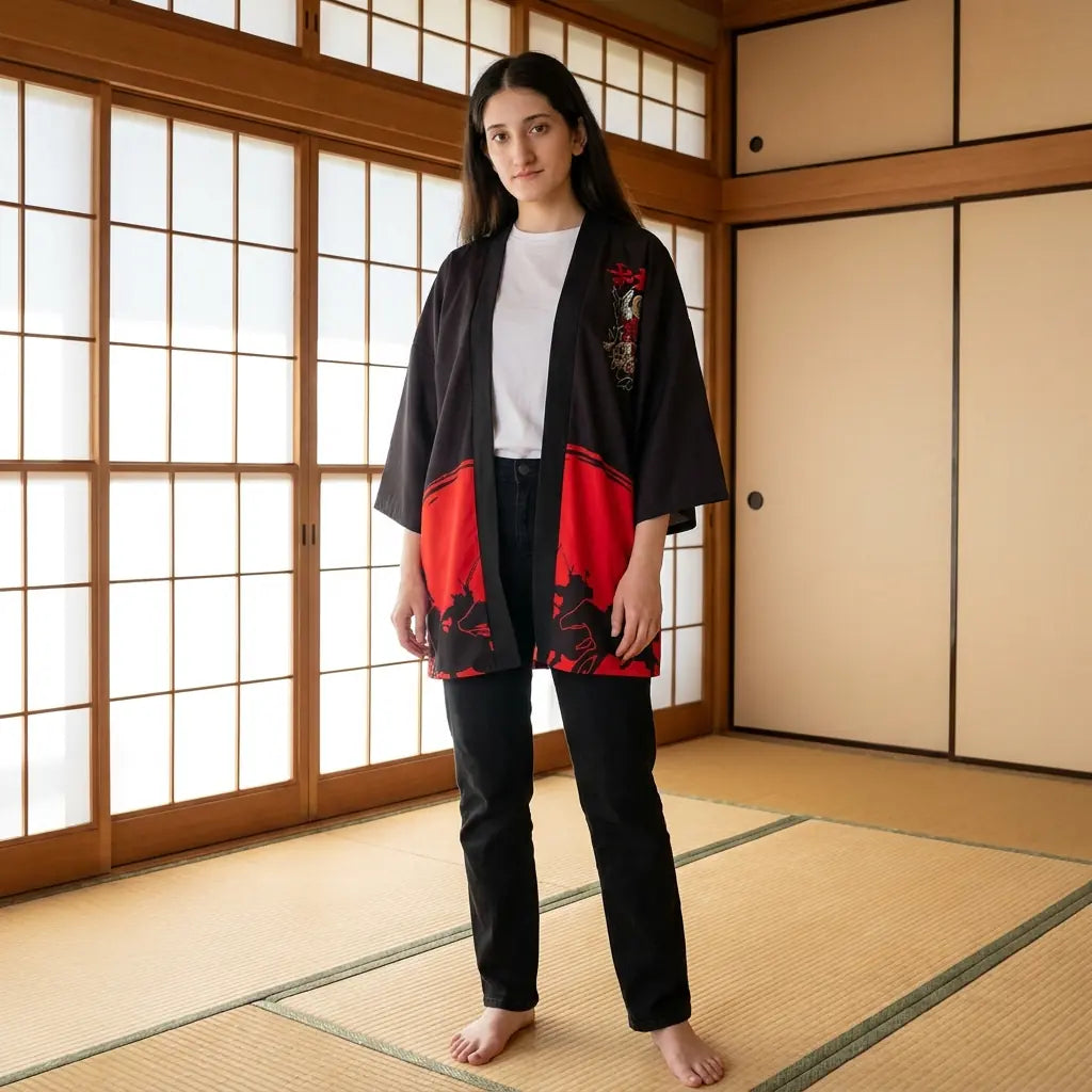 Schwarz rote Kimono Jacke mit Oni Muster, barfuß auf Tatami präsentiert