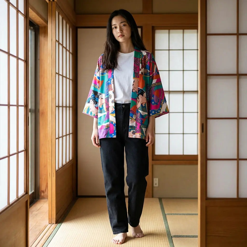 Frau trägt Ukiyo-e Kimono Jacke im Washitsu Zimmer mit Tatami und Shoji Wänden