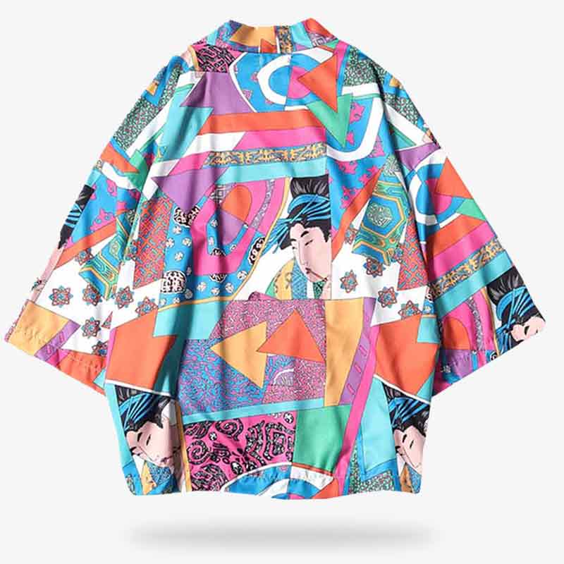 Ukiyo-e Kimono Jacke mit farbenfrohem, abstraktem Muster und geometrischen Formen
