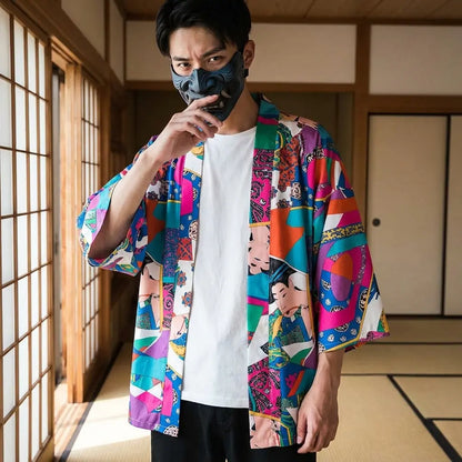 Mann trägt Ukiyo-e Kimono Jacke in japanischem Washitsu Zimmer mit Shoji Wänden