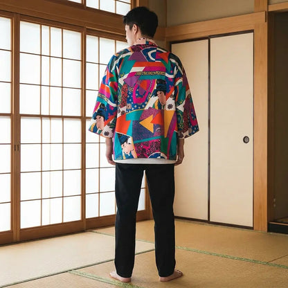 Rückansicht der Ukiyo-e Kimono Jacke mit vollständigem Rückenmuster im Washitsu Zimmer
