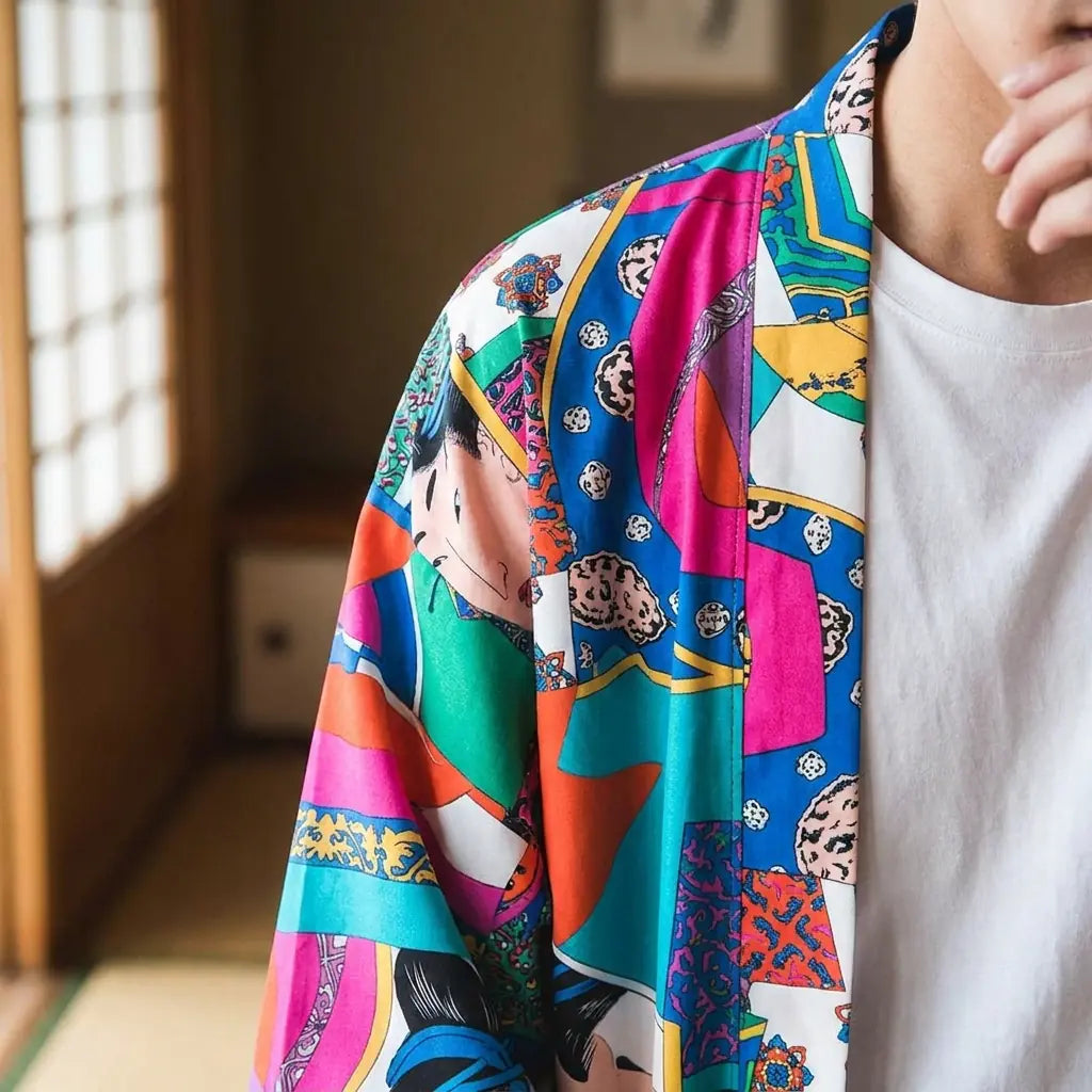 Nahaufnahme von Stoffmuster und Ärmel der Ukiyo-e Kimono Jacke im Detail