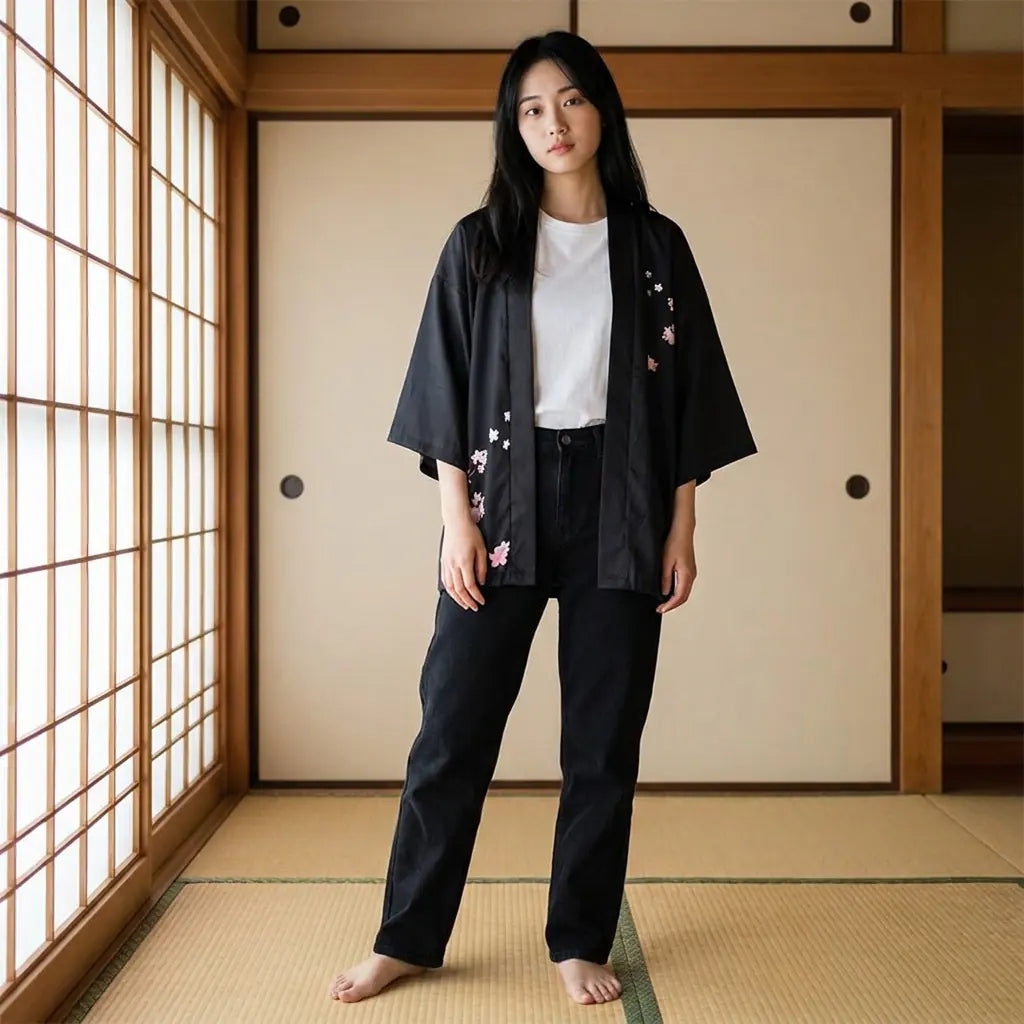 Frau trägt Haori Kimono Jacke mit Sakura Muster im Tatami Raum mit Shoji