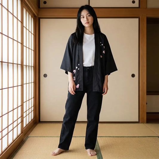 Frau trägt Haori Kimono Jacke mit Sakura Muster im Tatami Raum mit Shoji