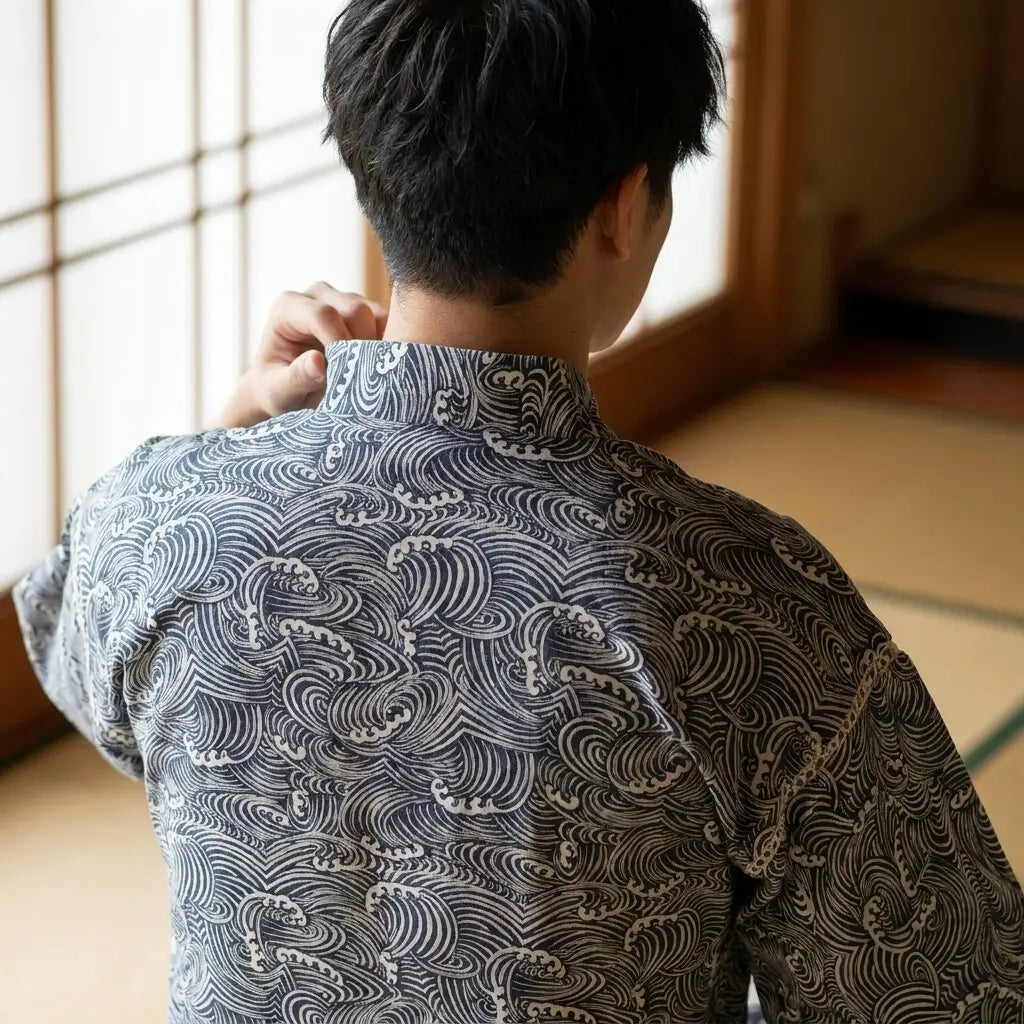 Kimono Jinbei Set mit Seigaiha-Muster von hinten getragen
