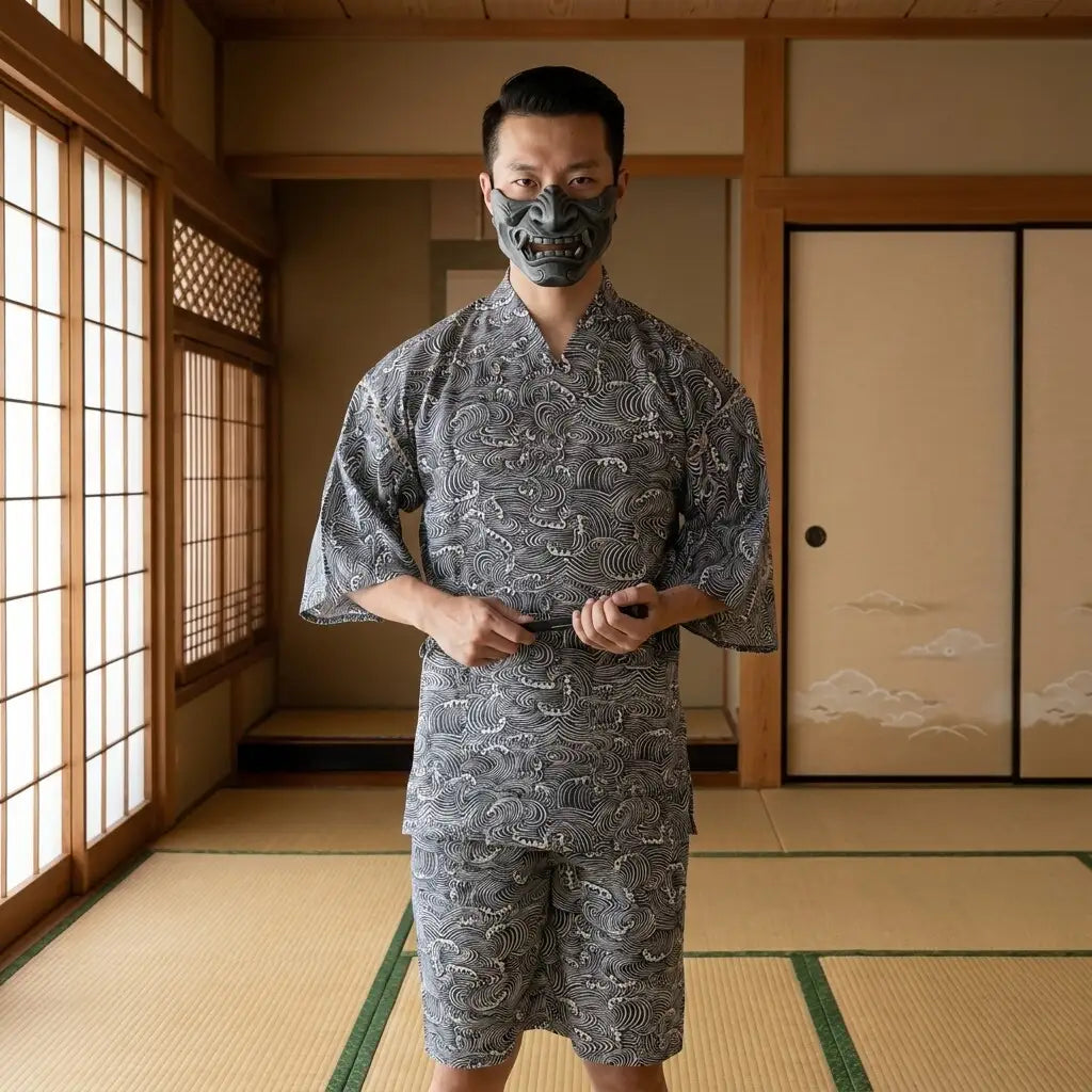 Kimono Jinbei aus Baumwolle mit Seigaiha-Wellenmuster von vorne getragen
