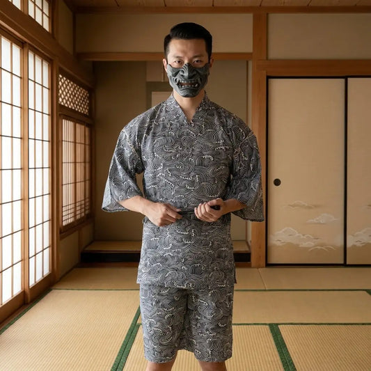 Kimono Jinbei aus Baumwolle mit Seigaiha-Wellenmuster von vorne getragen