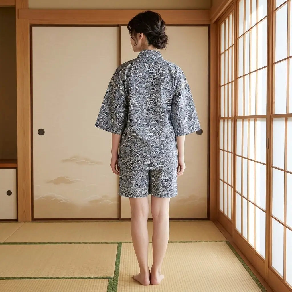 Rückansicht des Kimono Jinbei mit Wellenmuster und kurzer Hose