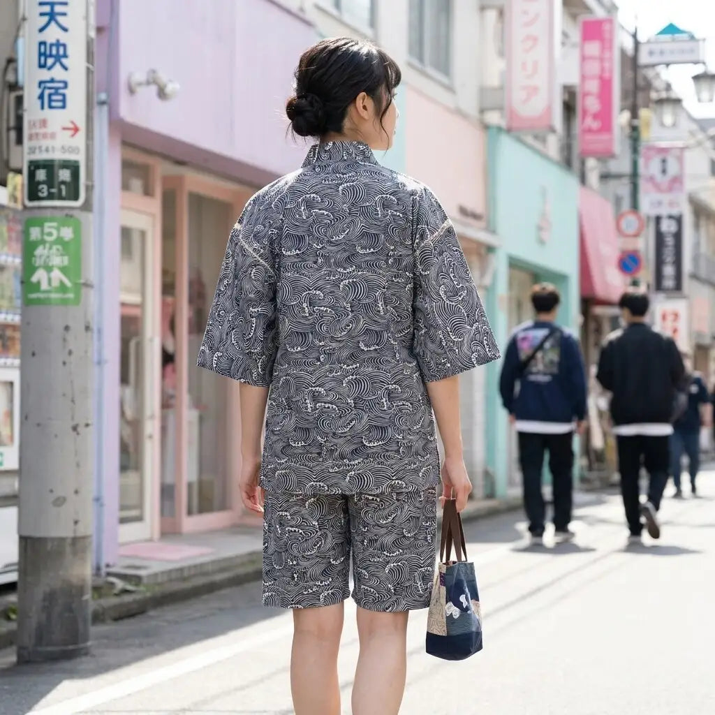 Detailansicht des Baumwollstoffs mit Seigaiha-Wellenmuster am Jinbei