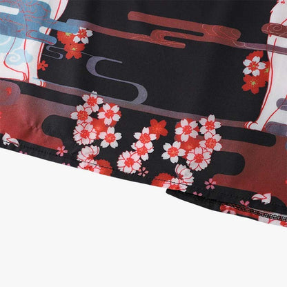 Schwarzer Kimono Kitsune mit aufgedruckten weißen Sakura-Blüten