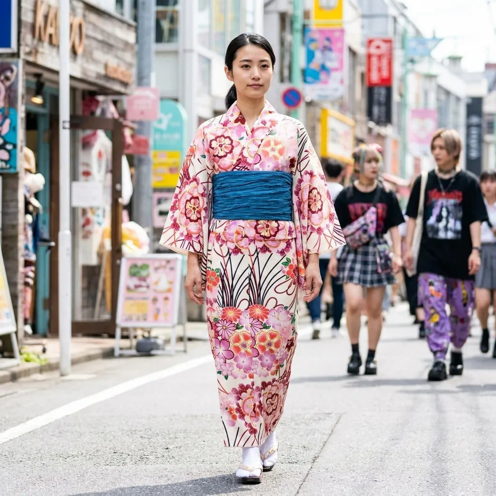 Rückansicht des Kimono Kleids Hanayo mit Obi-Taille und fließendem Saum