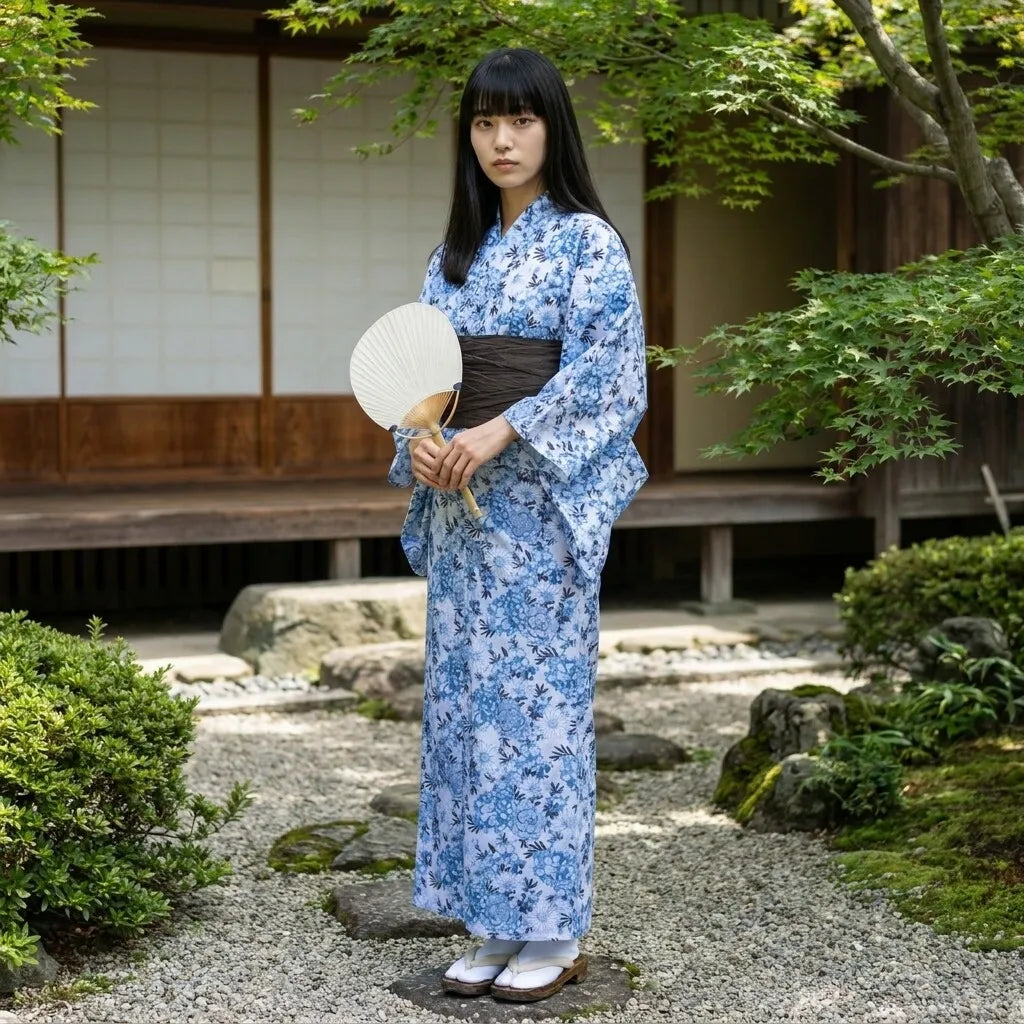 Rückenansicht des tiefblauen Indigo Kimono Kleids mit fließendem Schnitt