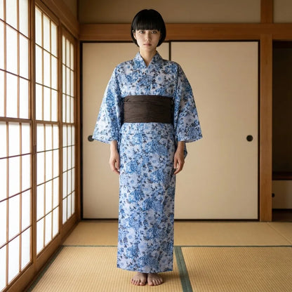 Indigo Kimono Kleid für Damen mit Wickelfront und obi-artiger Taille
