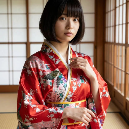 Fließendes rotes Kimono Kleid seitlich mit Pfau-Musterdetail gezeigt