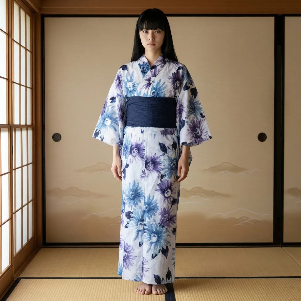 Lavendel Kimono Kleid mit Sumire Blumenmuster und Taille im Obi-Stil