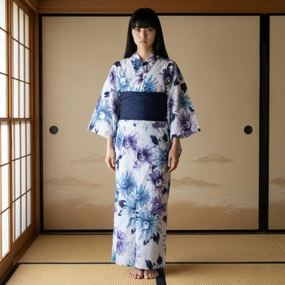 Lavendel Kimono Kleid mit Sumire Blumenmuster und Taille im Obi-Stil