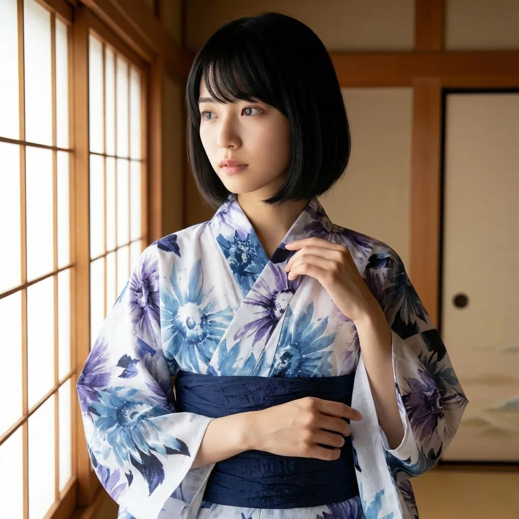 Rückansicht des lavendelfarbenen Wickel-Kimono-Kleids mit langen Ärmeln und fließendem Saum