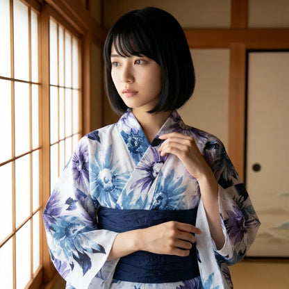Rückansicht des lavendelfarbenen Wickel-Kimono-Kleids mit langen Ärmeln und fließendem Saum