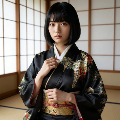Detailansicht der Obi-ähnlichen Gürtelpartie am schwarzen Kimono Kleid
