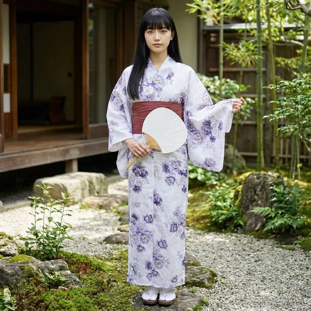Detailansicht des Botan-Pfingstrosen-Motivs am Ärmel des Kimono Kleids