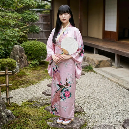 Rückansicht des pinkfarbenen Kimono Kleids mit Obi-Gürtel und fließenden Ärmeln