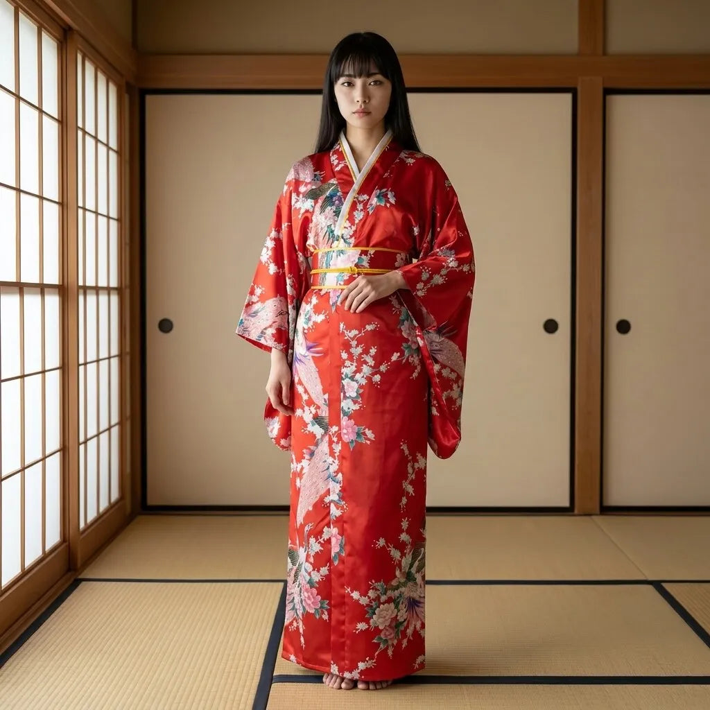Rotes Kimono Kleid für Damen mit Kurenai-Rot und Pfau-Motiv vorne
