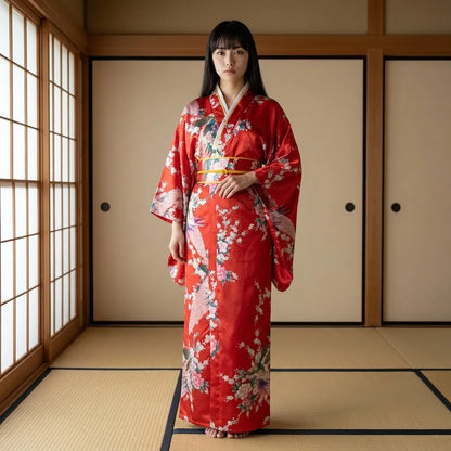 Rotes Kimono Kleid für Damen mit Kurenai-Rot und Pfau-Motiv vorne