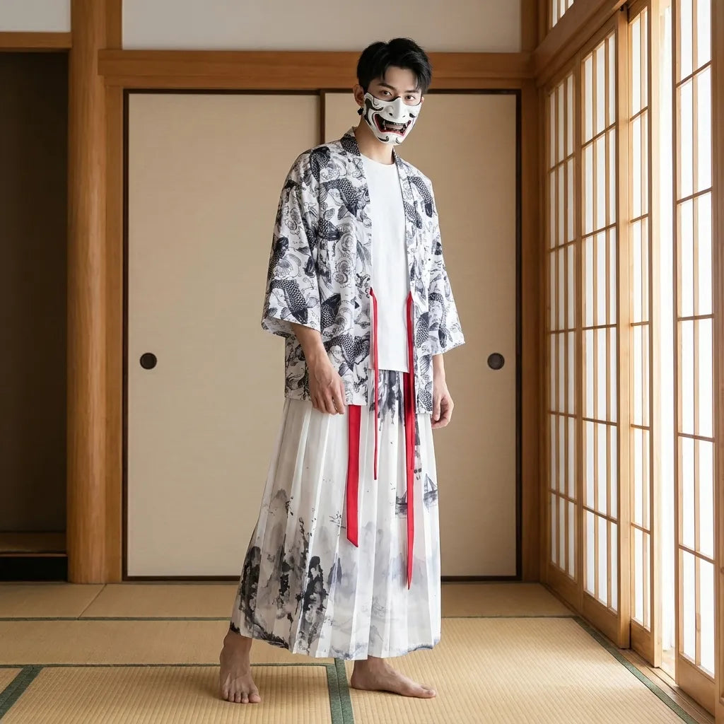 Kimono-Kleid mit rotem Obi-Gürtel von vorne fotografiert