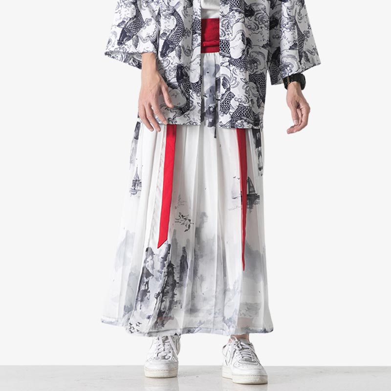 Weißes Kimono-Kleid mit aufgedrucktem Ukiyo-e Landschaftsmotiv