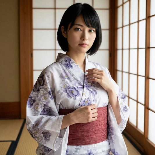 Vorderansicht des weißen Pfingstrosen-Kimono-Kleids mit Wickelverschluss