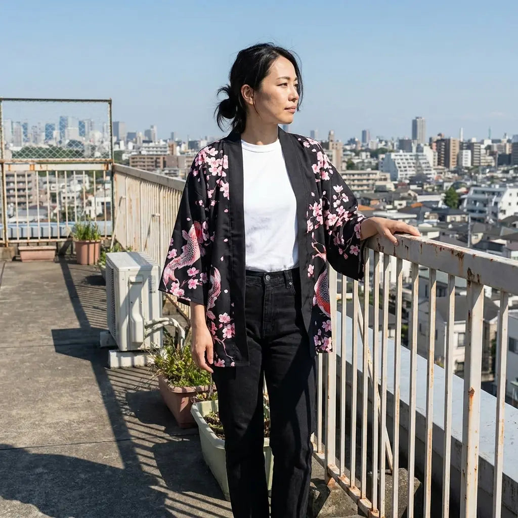 Offen getragene Kimono-Jacke mit Koi-Motiv und roter Sonne auf einem Dach