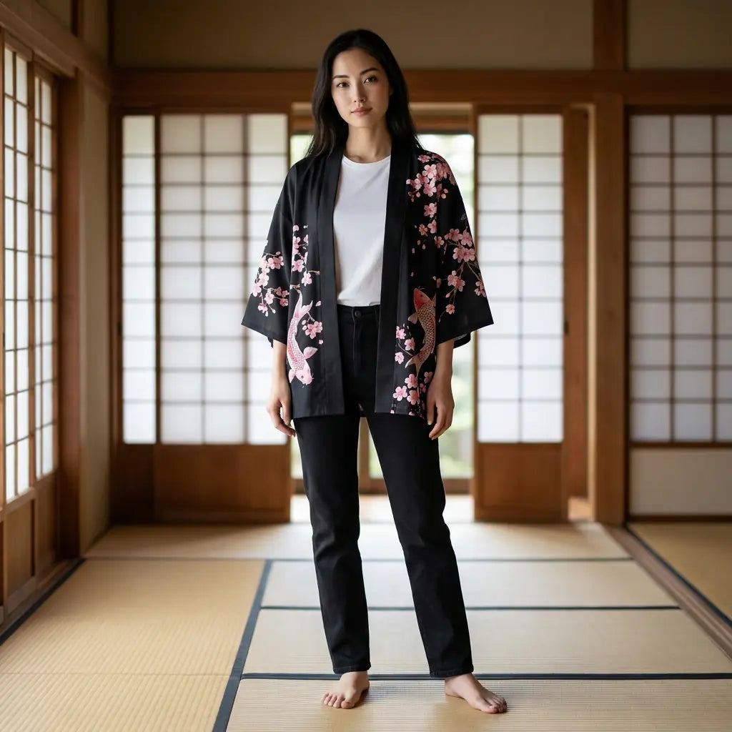 Schwarzer Kimono mit Koi-Fisch und Kirschblüten, barfuß auf Tatami getragen