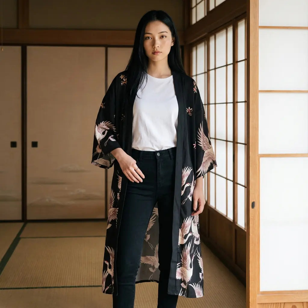Kimono-Mantel mit durchgehendem Kranich-Muster, fotografiert im Eingang eines Tatami-Zimmers
