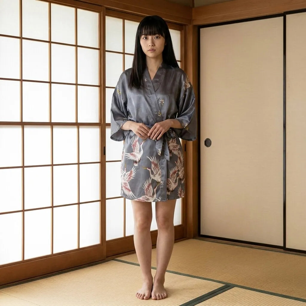 Kimono Morgenmantel mit Blumenmuster und weiten Ärmeln, offen getragen über leichtem Outfit