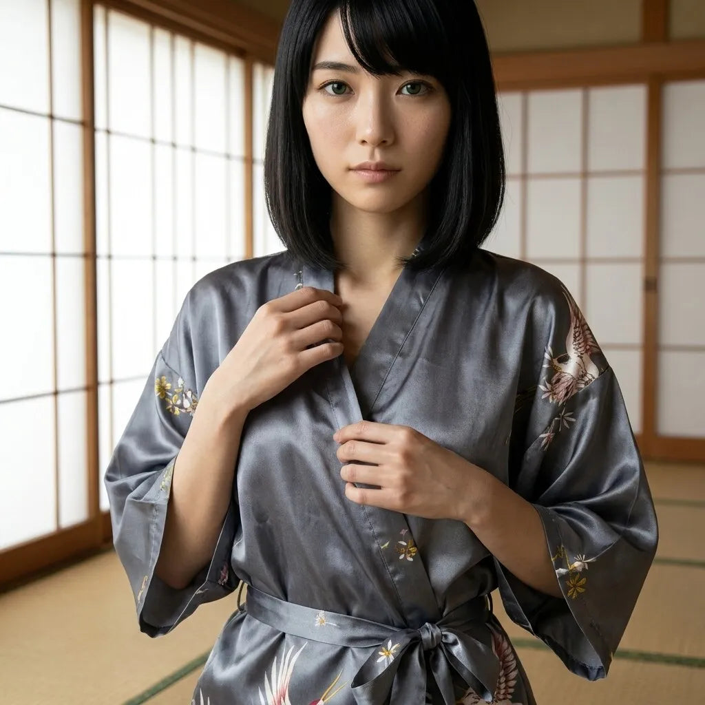 Rückansicht des Kimono Morgenmantels mit saisonalem Blumendruck auf leichtem Stoff