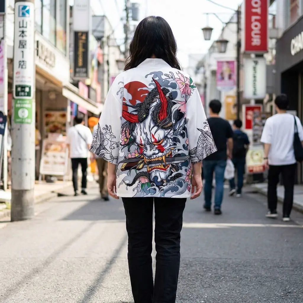 Frau von hinten in Kimono Oni Haori Jacke auf Harajuku Straße