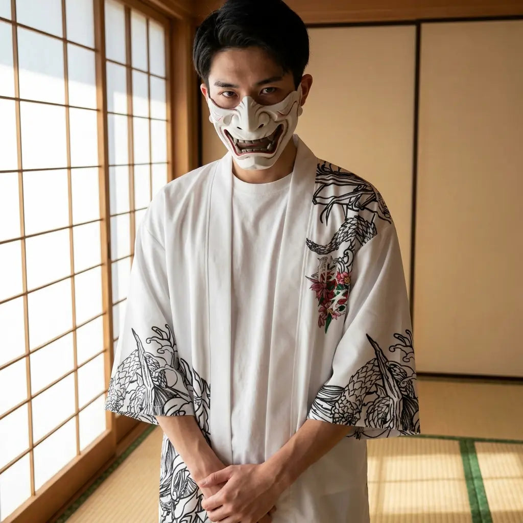 Mann trägt weiße Kimono Oni Haori Jacke in traditionellem japanischen Raum