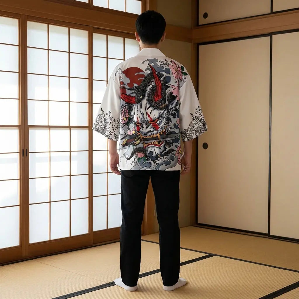 Rückansicht der Kimono Oni Haori Jacke mit vollständigem Hannya Muster